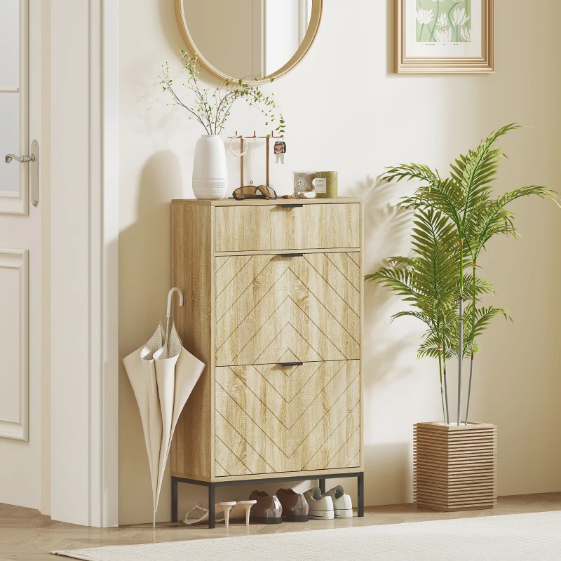 HOMCOM Narrow Shoe Storage Cabinet with Flip Drawers, Shoe Cabinet with Adjustable Shelves, Sliding Drawer, Holds 8 Pairs, Oak