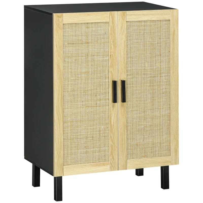 HOMCOM Boho Sideboard, Buffet Cabinet with Storage, Accent Cabinet with 2 Rattan Doors and Adjustable Shelves, Black