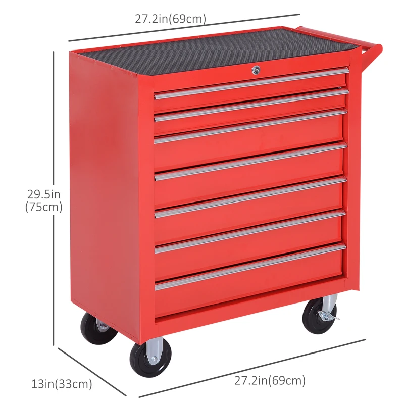 HOMCOM 7 Drawer Roller Tool Chest, Mobile Lockable Toolbox, Storage Organizer with Handle for Workshop Mechanics Garage, Red