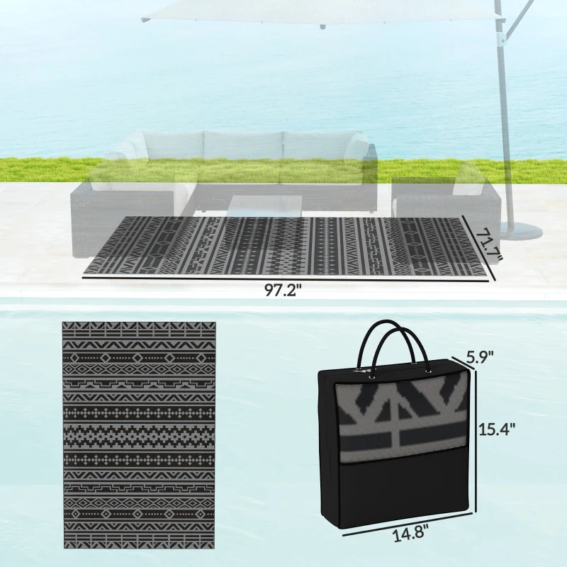 Outsunny Reversible Outdoor Rug, Waterproof Plastic Straw with Carry Bag, 6' x 9', Black & Gray Geometric Wall