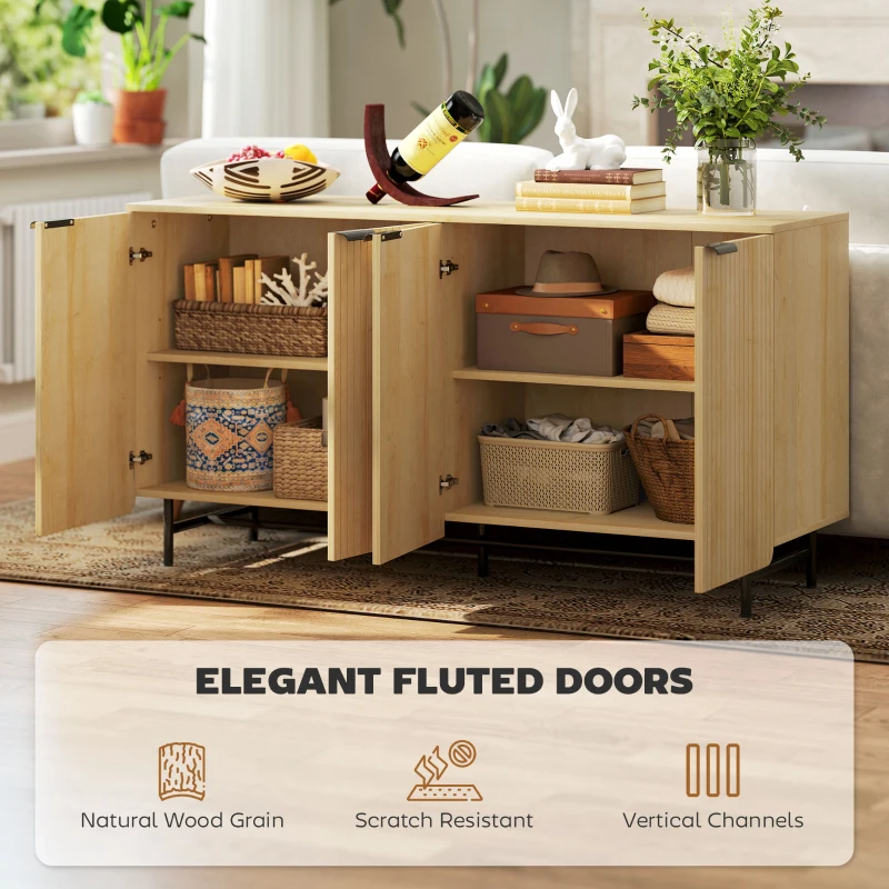 HOMCOM 55" Modern Sideboard, Fluted Buffet Cabinet with Adjustable Shelves, 5 Metal Legs for Kitchen, Living Room, Nature Wood