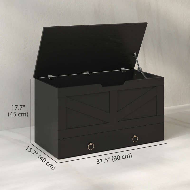 HOMCOM 31.5 Inches Storage Chest, Storage Trunk with 2 Safety Hinges for Living Room, Black Wood Grain