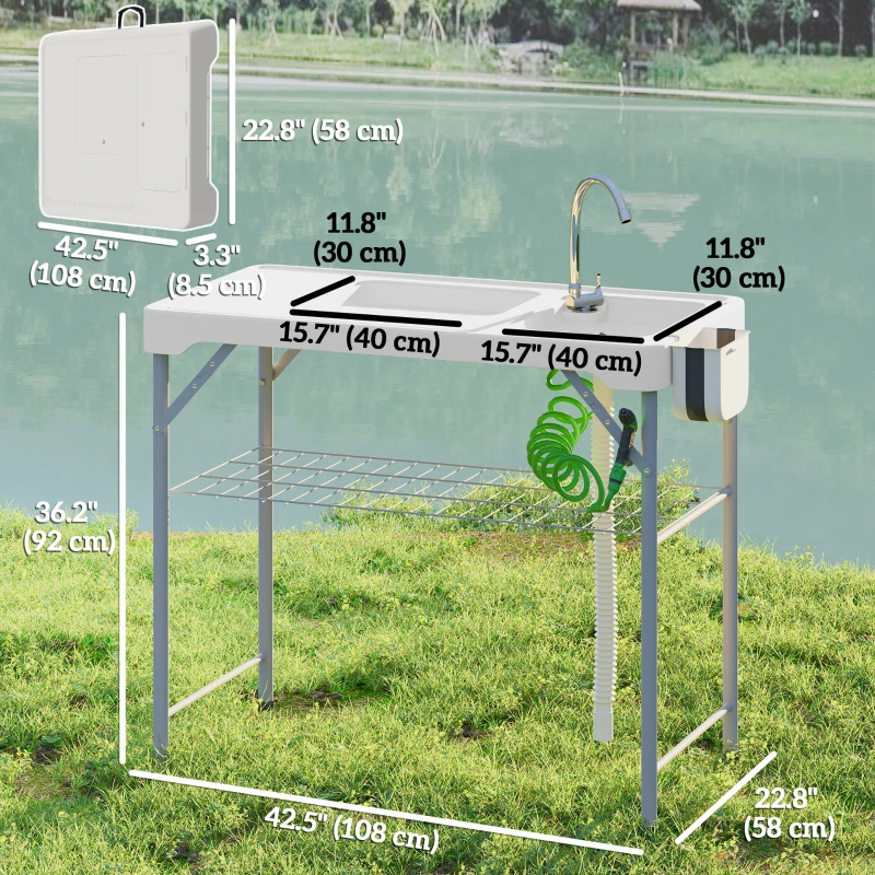 Outsunny Folding Fish Cleaning Table with Sinks, Camping Sink with Faucet Drainage Hose Sprayer Shelf Drawer Storage Basket, Outdoor Sink Station for Beach Patio Picnic, White