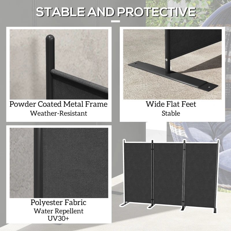 Outsunny 3 Panel Folding Outdoor Privacy Screen, 5.8FT Tall Room Divider with UV30+ Protection, Freestanding Privacy Panel Partition with Stable Base for Indoor Outdoor, Dark Grey