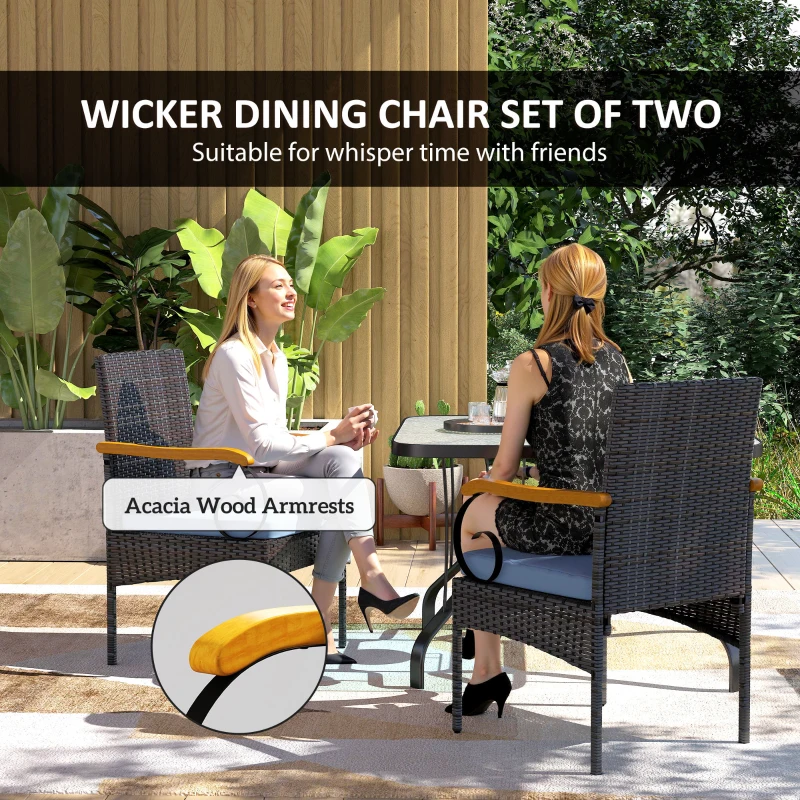 Outsunny Set of 2 Rattan Outdoor Dining Chairs, Wicker Patio Chairs with Removable Cushion, Acacia Wood Armrests, Navy Blue