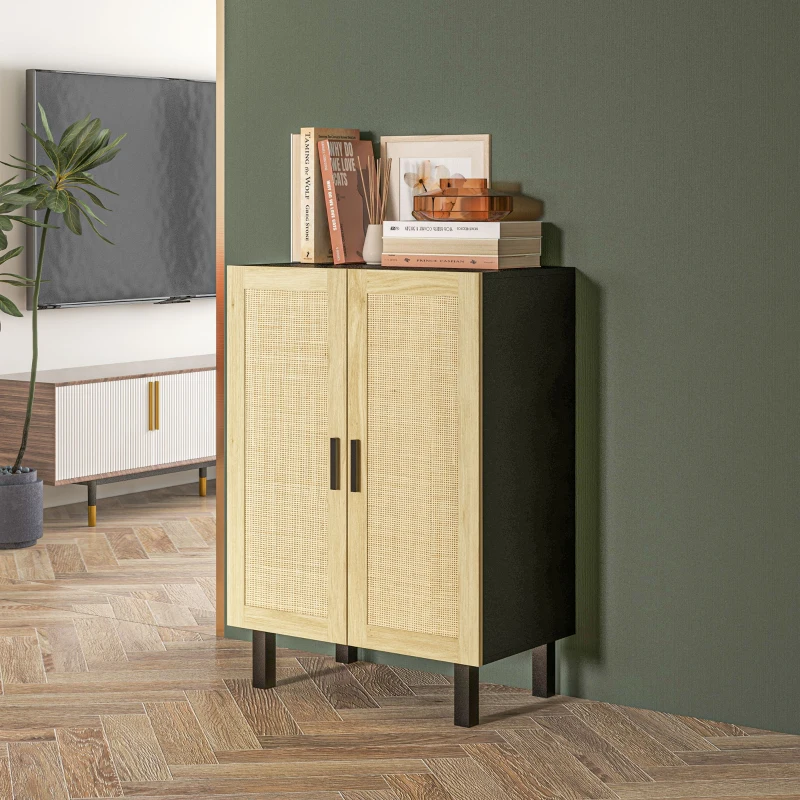 HOMCOM Boho Sideboard, Buffet Cabinet with Storage, Accent Cabinet with 2 Rattan Doors and Adjustable Shelves, Black
