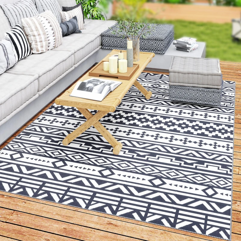 Outsunny Reversible Outdoor Rug, Waterproof Plastic Straw with Carry Bag, 6' x 9', Blue & White Geometric