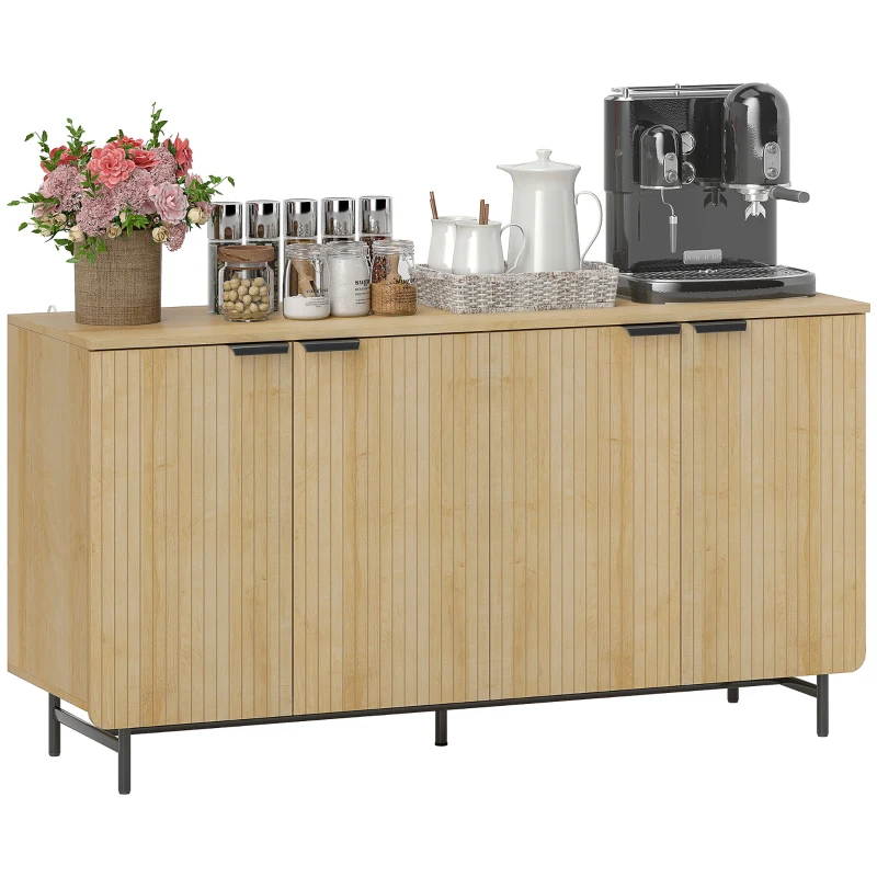 HOMCOM 55" Modern Sideboard, Fluted Buffet Cabinet with Adjustable Shelves, 5 Metal Legs for Kitchen, Living Room, Nature Wood