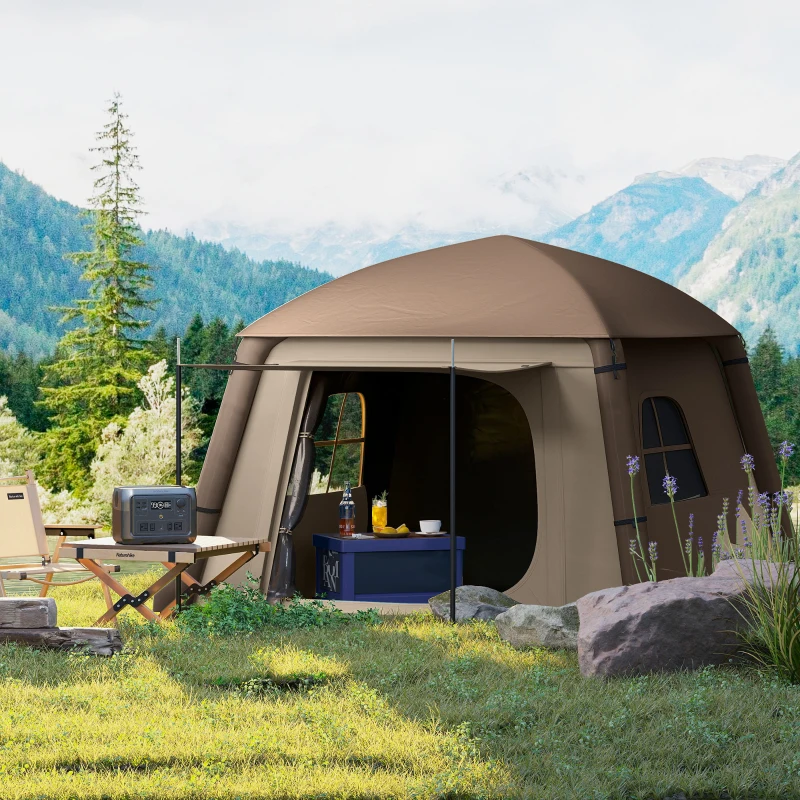 Outsunny Inflatable Camping Tent, 1-2 Person Glamping Tent with Hand Pump, Blow Up Tent with Doors, Carry Bag, Khaki and Brown