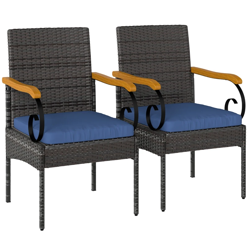 Outsunny Set of 2 Rattan Outdoor Dining Chairs, Wicker Patio Chairs with Removable Cushion, Acacia Wood Armrests, Navy Blue