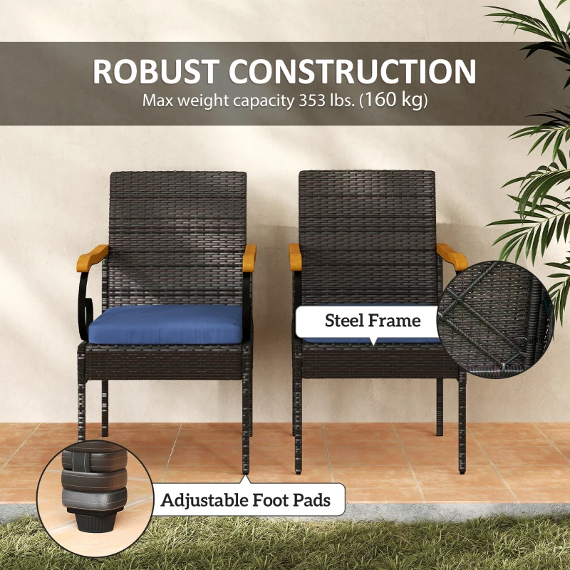 Outsunny Set of 2 Rattan Outdoor Dining Chairs, Wicker Patio Chairs with Removable Cushion, Acacia Wood Armrests, Navy Blue