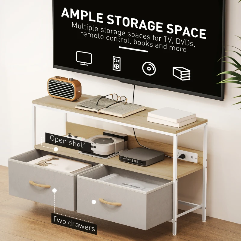 HOMCOM TV Stand with Charging Station, TV Table with 2 Foldable Linen Drawers and Open Shelf for 47 Inch TV, Oak