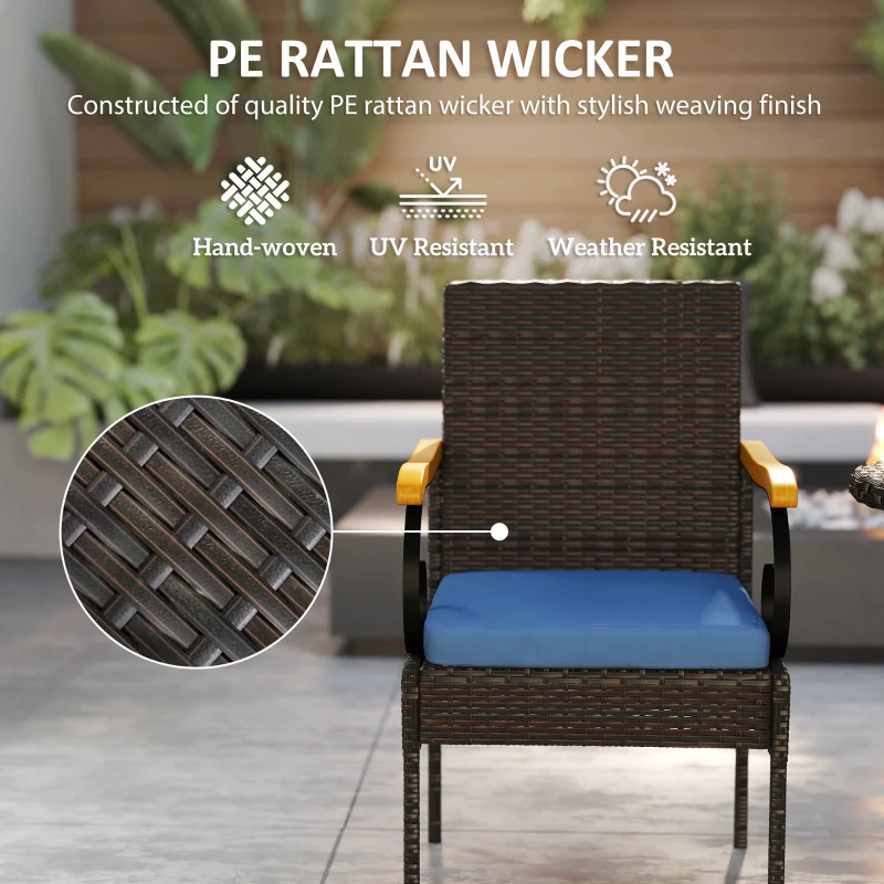 Outsunny Set of 2 Rattan Outdoor Dining Chairs, Wicker Patio Chairs with Removable Cushion, Acacia Wood Armrests, Navy Blue