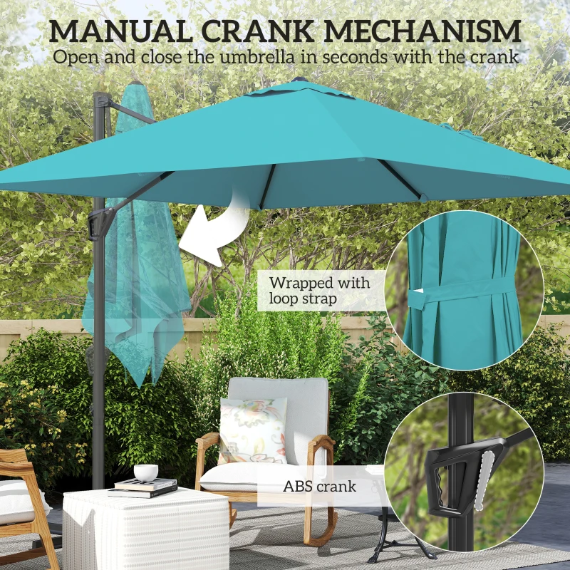 Outsunny 8'x8' Square Patio Hanging Offset Umbrella, Outdoor Cantilever Parasol w/ Cross Base, Blue