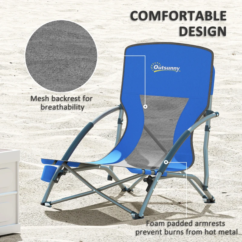 Outsunny Set of 2 Folding Beach Chairs with Mesh Back, Carry Bag and Cup Holder for Outdoor Camping Lawn Sports Picnic Dark Blue