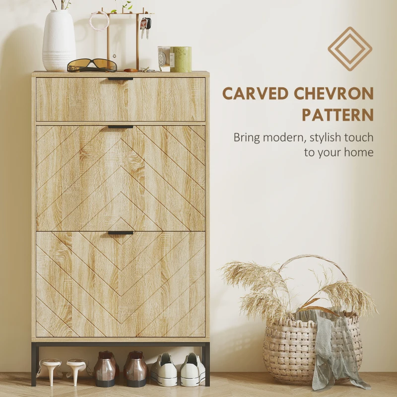 HOMCOM Narrow Shoe Storage Cabinet with Flip Drawers, Shoe Cabinet with Adjustable Shelves, Sliding Drawer, Holds 8 Pairs, Oak