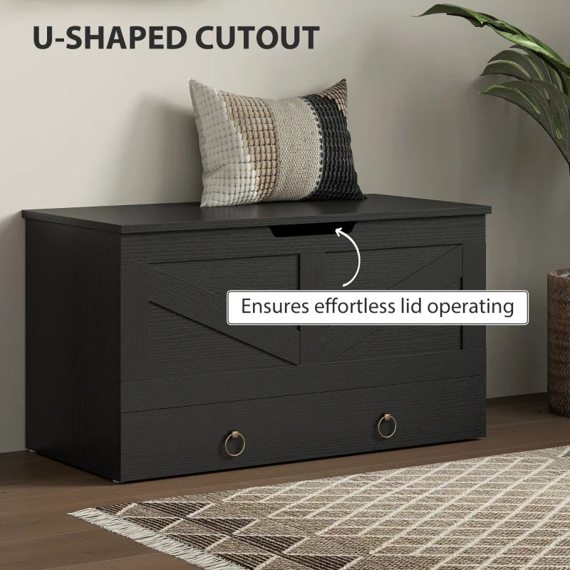 HOMCOM 31.5 Inches Storage Chest, Storage Trunk with 2 Safety Hinges for Living Room, Black Wood Grain