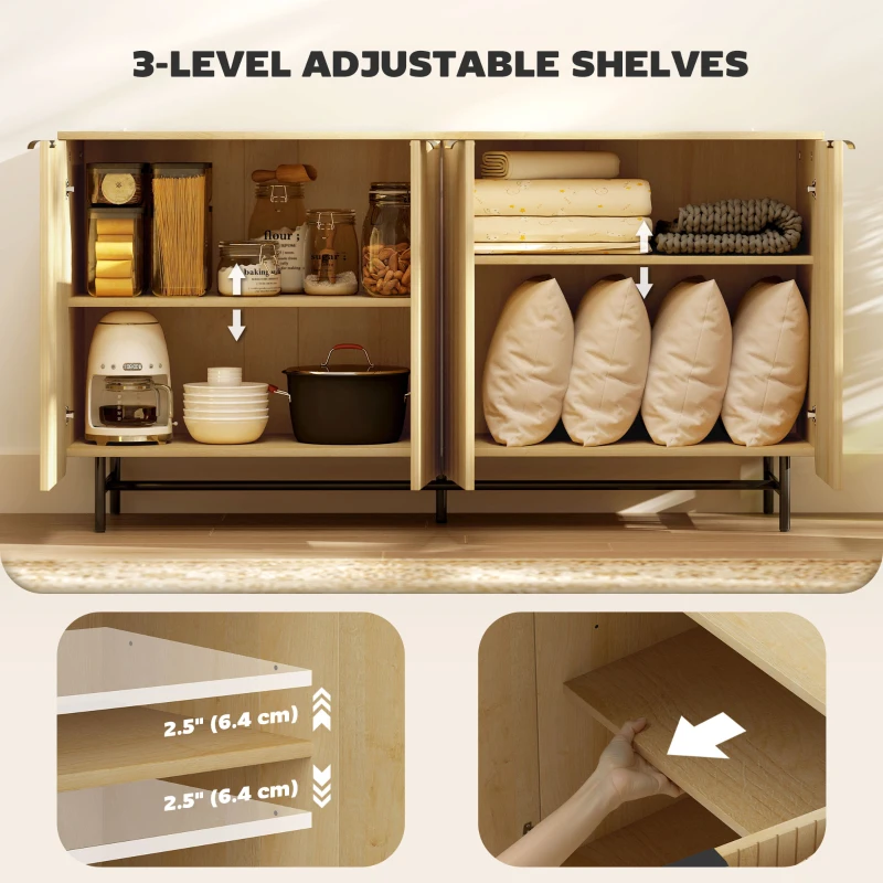 HOMCOM 55" Modern Sideboard, Fluted Buffet Cabinet with Adjustable Shelves, 5 Metal Legs for Kitchen, Living Room, Nature Wood