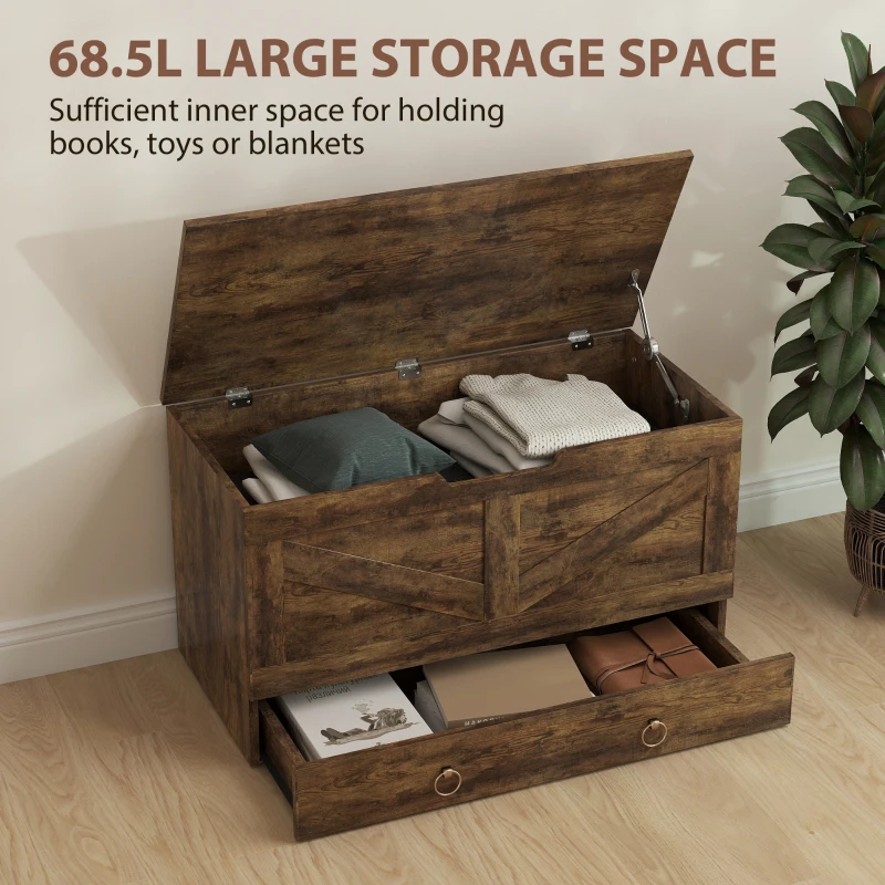 HOMCOM 31.5 Inches Storage Chest, Storage Trunk with 2 Safety Hinges for Living Room, Rustic Brown