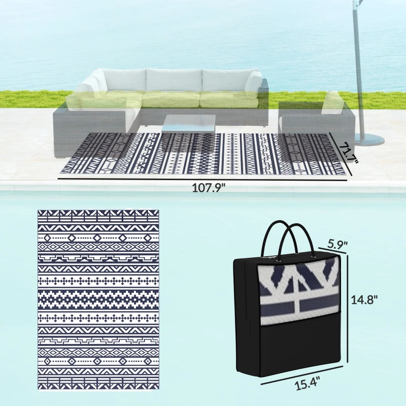 Outsunny Reversible Outdoor Rug, Waterproof Plastic Straw with Carry Bag, 6' x 9', Blue & White Geometric