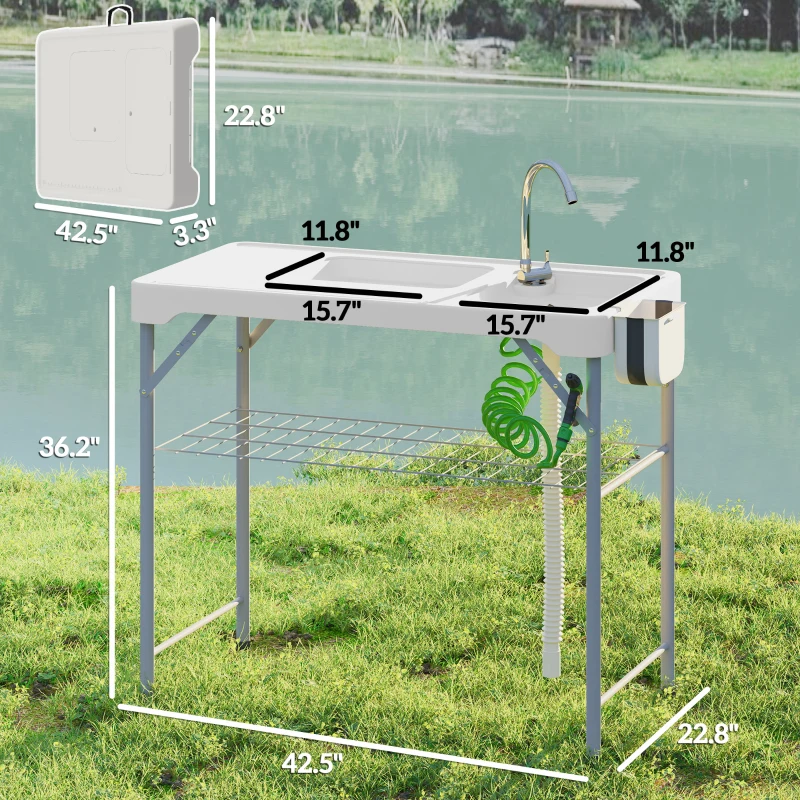 Outsunny Folding Fish Cleaning Table with Sinks, Portable Camping Sink Table with Faucet, Drainage Hose, Sprayer, Shelf, Drawer and Storage Basket, Outdoor Fillet Table for Picnic Beach Patio, White