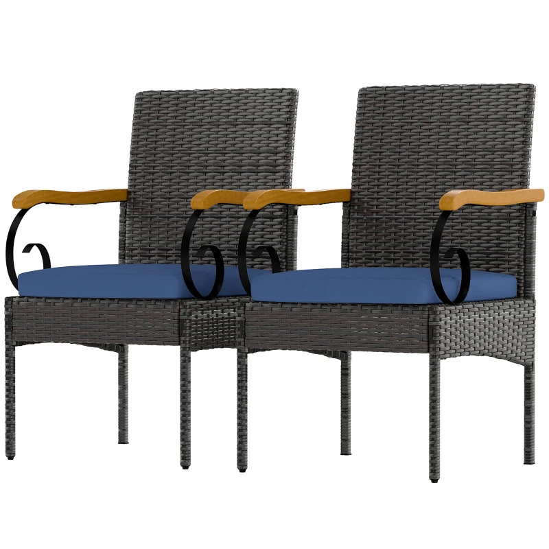 Outsunny Set of 2 Rattan Outdoor Dining Chairs, Wicker Patio Chairs with Removable Cushion, Acacia Wood Armrests, Navy Blue