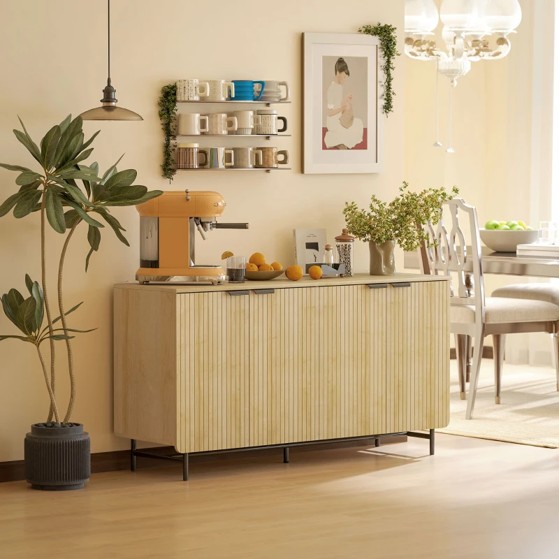 HOMCOM 55" Modern Sideboard, Fluted Buffet Cabinet with Adjustable Shelves, 5 Metal Legs for Kitchen, Living Room, Nature Wood