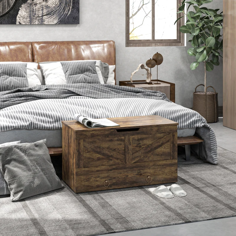 HOMCOM 31.5 Inches Storage Chest, Storage Trunk with 2 Safety Hinges for Living Room, Rustic Brown