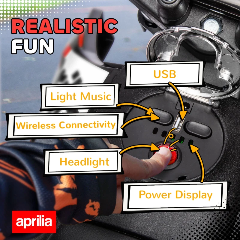 Qaba 12V Aprilia Licenced Kids Motorcycle with Training Wheels, Spring Suspension, LED Light, USB, Music, Red