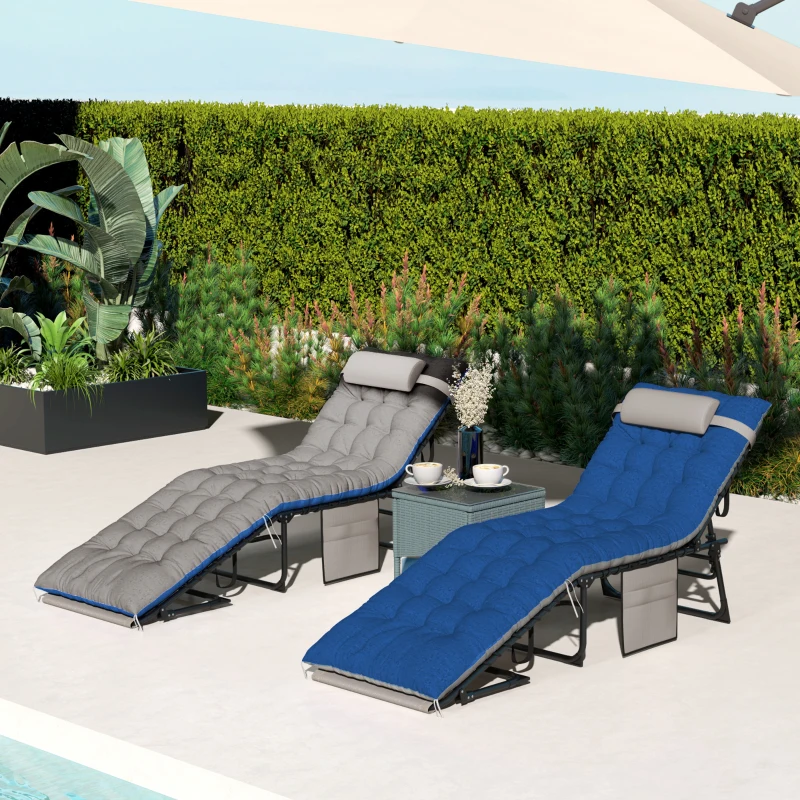 Outsunny Outdoor Chaise Lounge Chair Set of 2, 5-Level Adjustable Folding Pool Lounge Chairs with Cushions, Brown/Blue