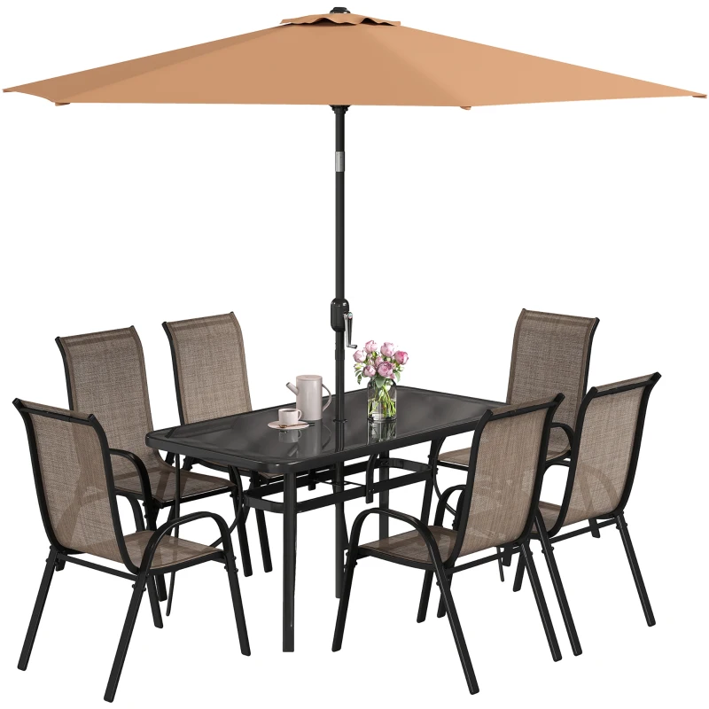 Outsunny 8 Pieces Patio Furniture Set with 9Ft Patio Umbrella, Outdoor Dining Table and Chairs, Light Mixed Brown