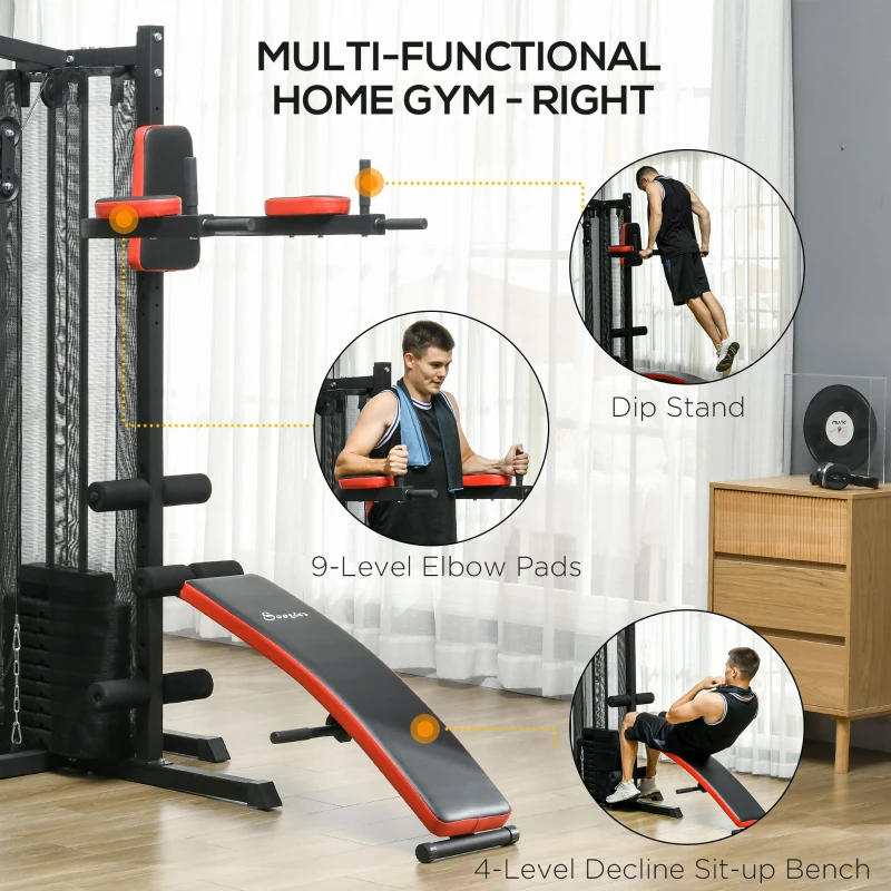 Soozier Multi Home Gym Equipment, Workout Station with Sit up Bench, Push up Stand, Dip Station, 143lbs Weights