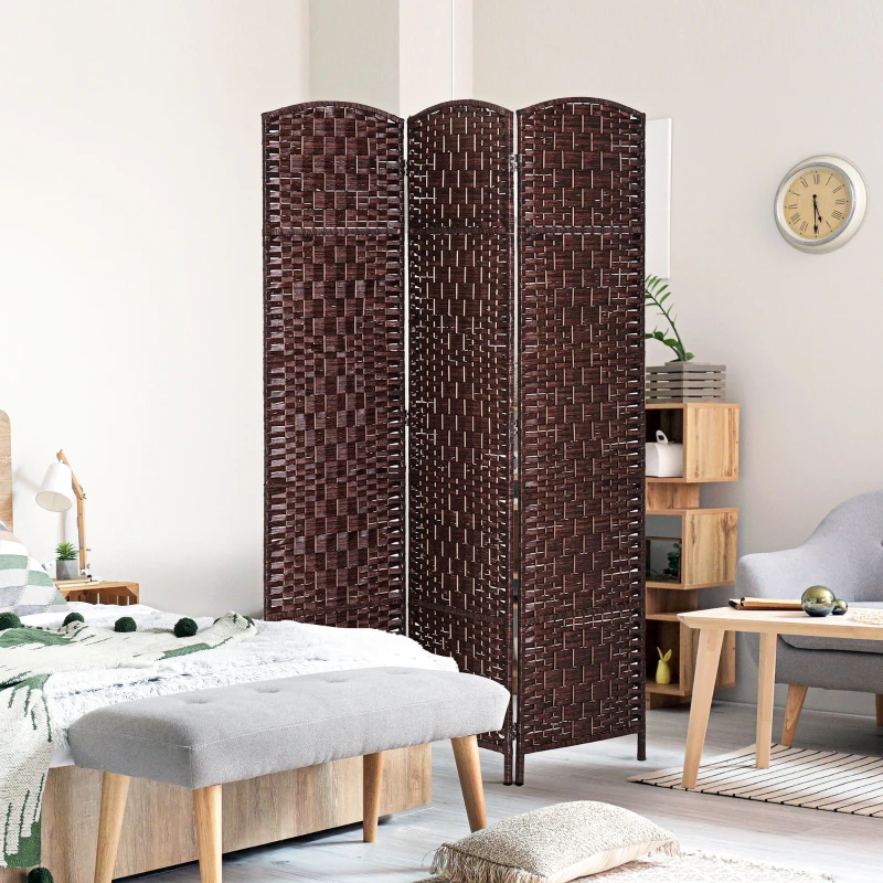 HOMCOM Room Divider, 3 Panel Folding Privacy Screen, 6FT Tall Portable Wicker Weave Partition Wall Divider for Bedroom, Home Office, Brown