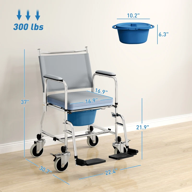 HOMCOM Rolling Shower Chair, Bedside Commode Wheelchair with Padded Seat, Backrest, for Seniors, Disabled, 300 lbs, Gray