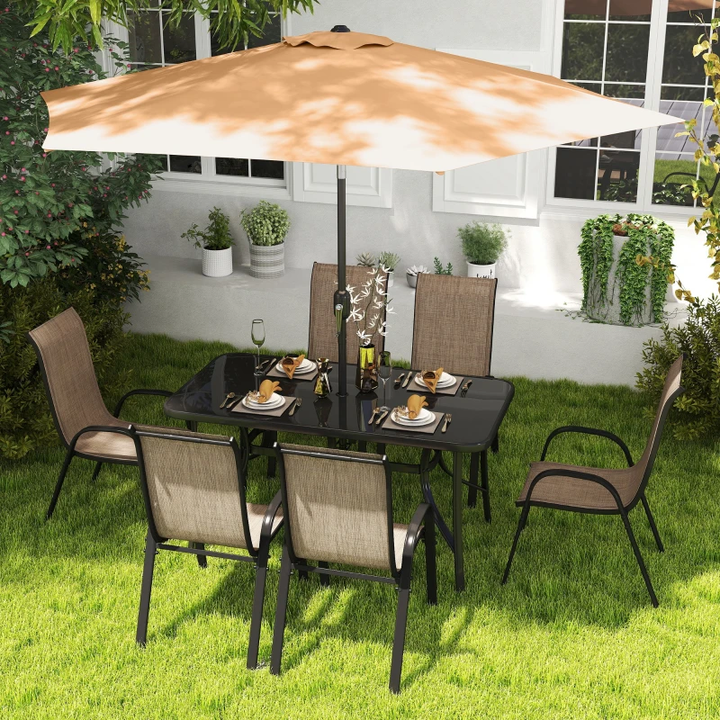 Outsunny 8 Pieces Patio Furniture Set with 9Ft Patio Umbrella, Outdoor Dining Table and Chairs, Light Mixed Brown