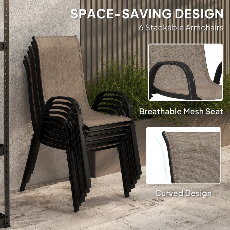 Outsunny 8 Pieces Patio Furniture Set with 9Ft Patio Umbrella, Outdoor Dining Table and Chairs, Light Mixed Brown