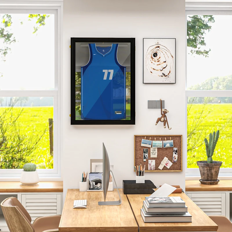 HOMCOM 26" x 35" Shadow Box Frame, UV-Resistant Jersey Display Case with T-shirt Hanger and 2 Keys, Brown