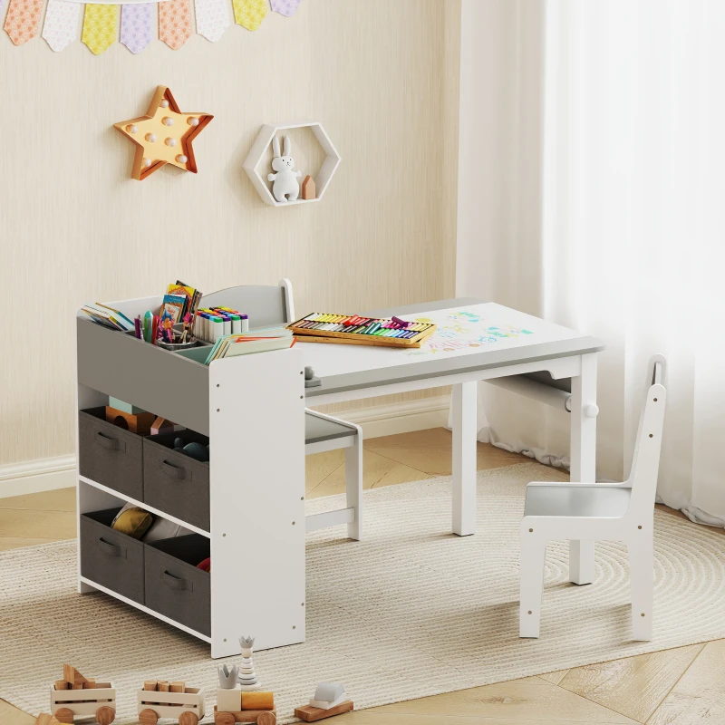 Qaba Kids Table and Chairs Set, Toddler Art Table and Chair Set with Paper Roll, Storage Shelves and Drawers, Grey