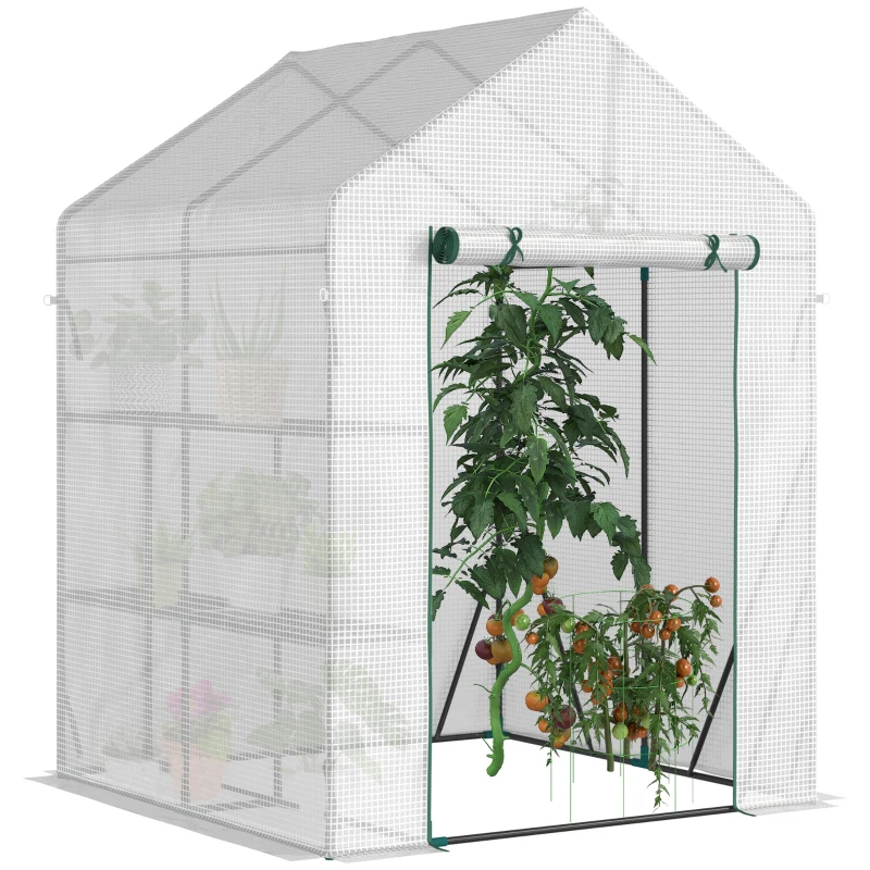 Outsunny 56" x 56" Walk-in Greenhouse Outdoor, Portable Gardening Plant Hot House with 2-Tier Shelf, Green