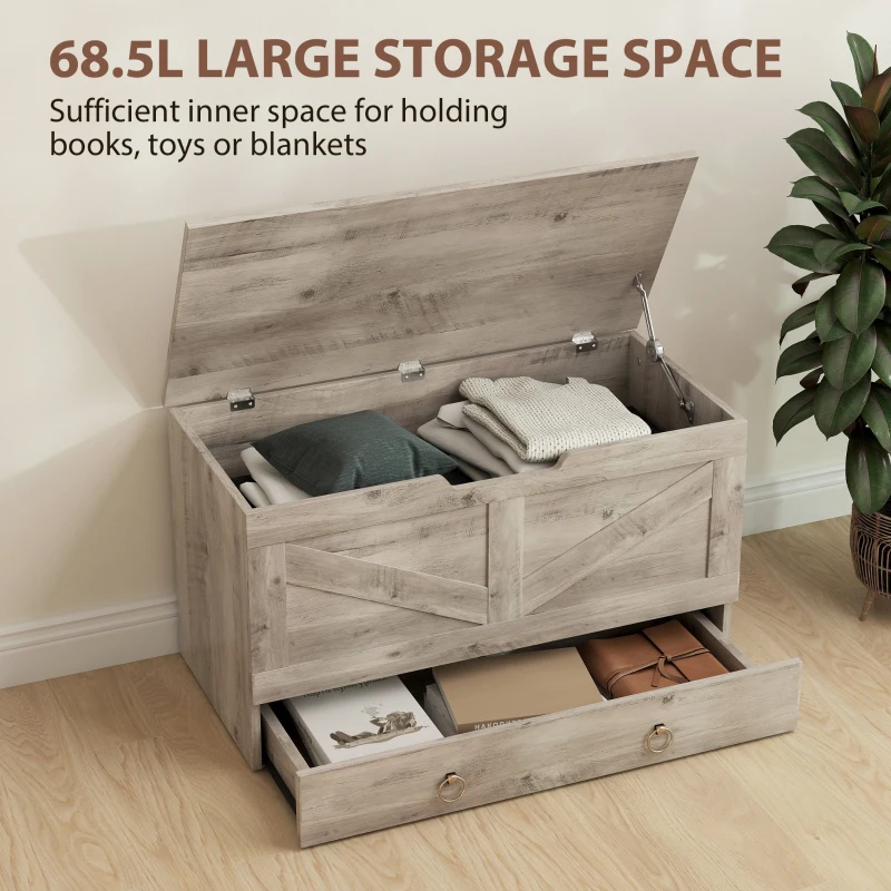 HOMCOM 31.5 Inches Storage Chest, Storage Trunk with 2 Safety Hinges for Living Room, Grey Wood Grain