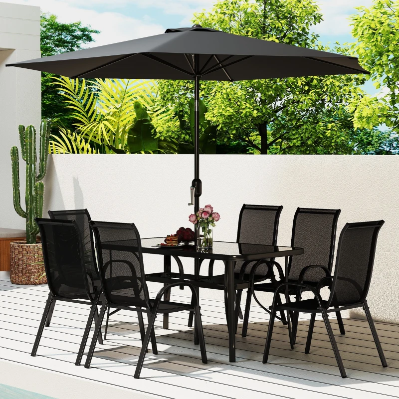 Outsunny 8 Pieces Patio Furniture Set with 9Ft Patio Umbrella, Outdoor Dining Table and Chairs, Black