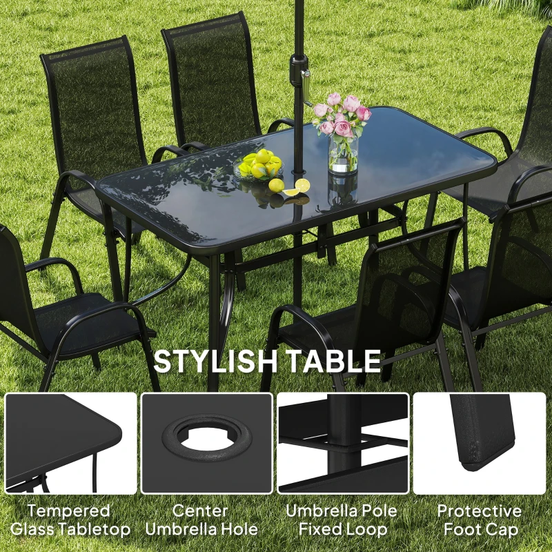 Outsunny 8 Pieces Patio Furniture Set with 9Ft Patio Umbrella, Outdoor Dining Table and Chairs, Black