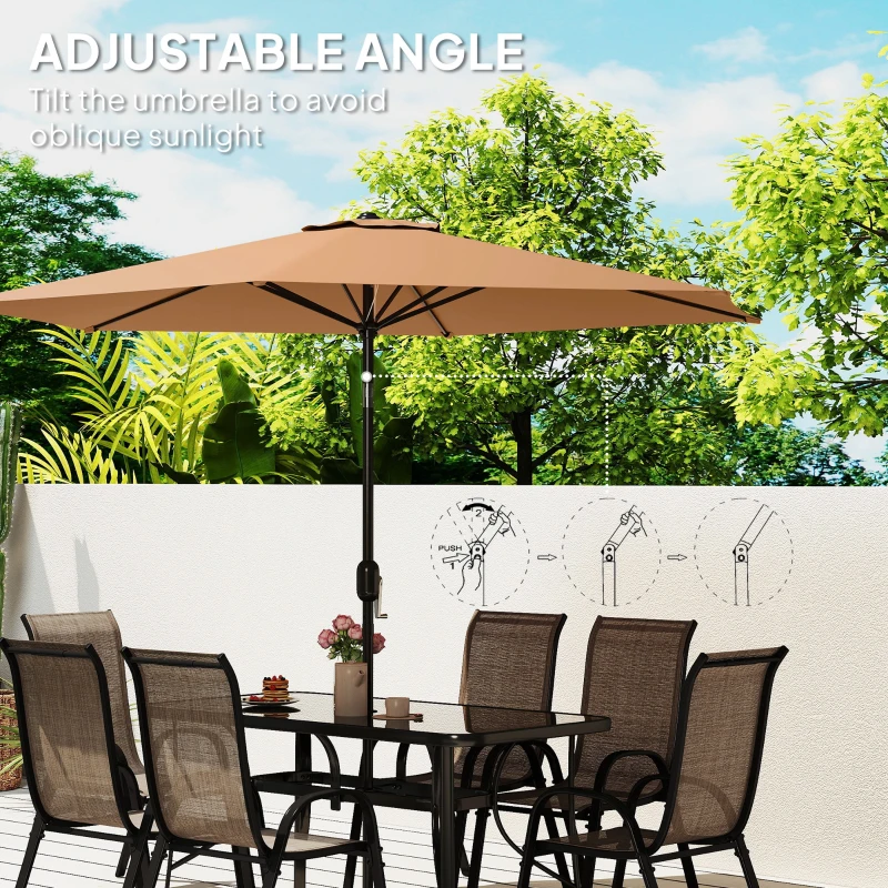 Outsunny 8 Pieces Patio Furniture Set with 9Ft Patio Umbrella, Outdoor Dining Table and Chairs, Light Mixed Brown