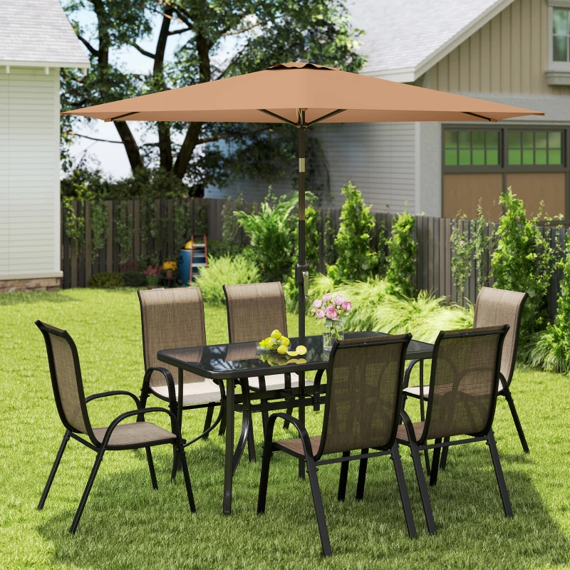 Outsunny 8 Pieces Patio Furniture Set with 9Ft Patio Umbrella, Outdoor Dining Table and Chairs, Light Mixed Brown