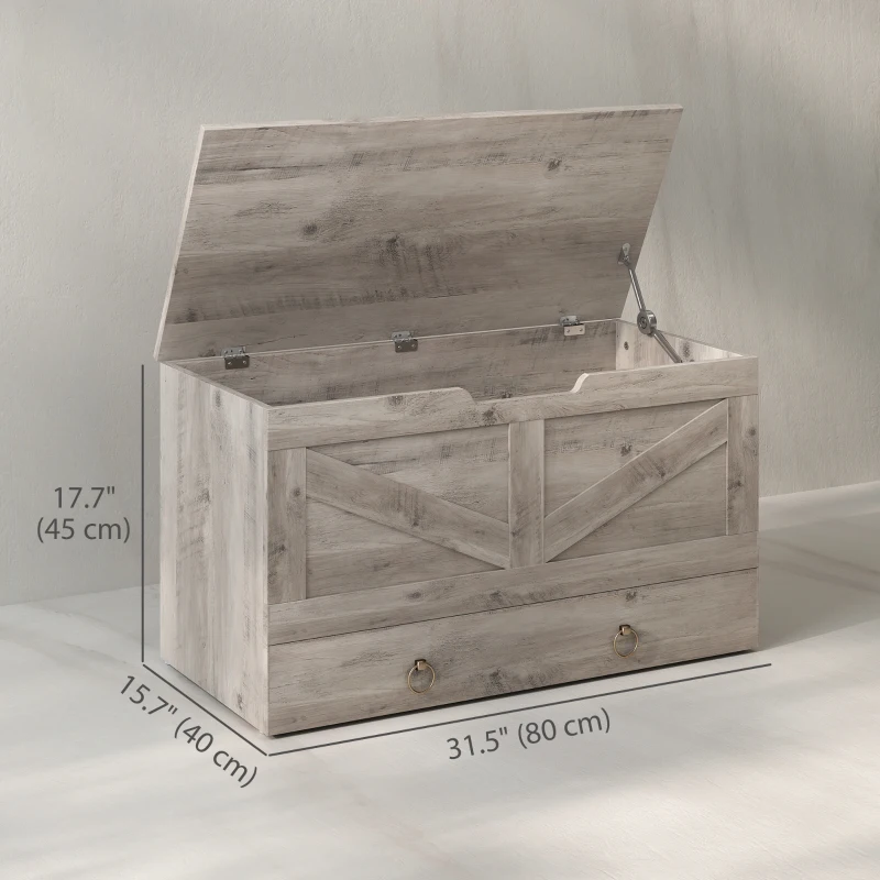 HOMCOM 31.5 Inches Storage Chest, Storage Trunk with 2 Safety Hinges for Living Room, Grey Wood Grain