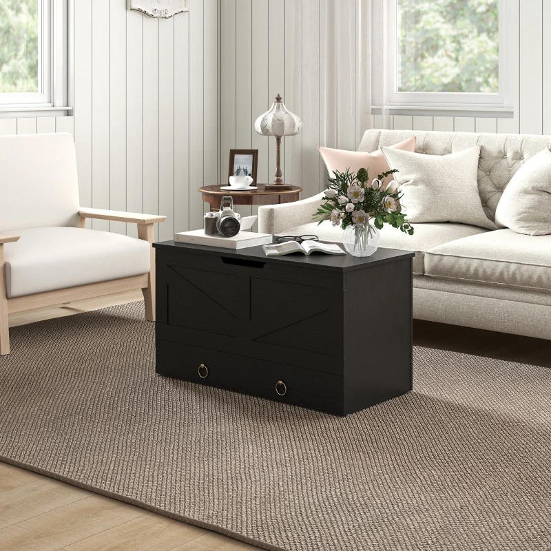 HOMCOM 31.5 Inches Storage Chest, Storage Trunk with 2 Safety Hinges for Living Room, Black Wood Grain