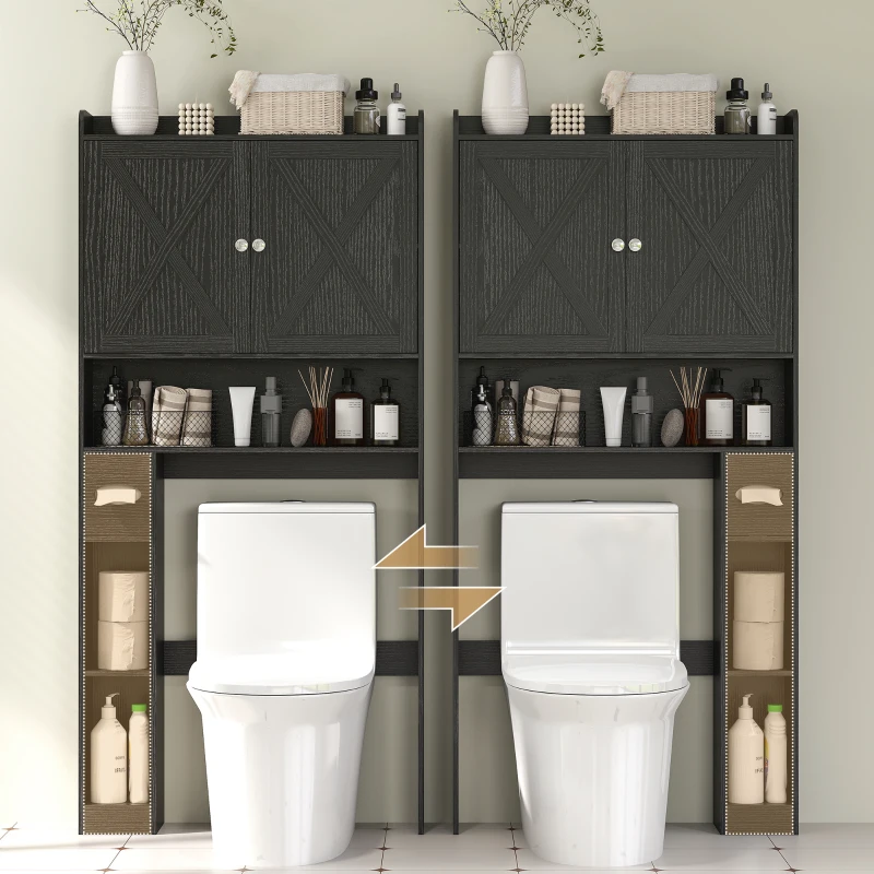 HOMCOM Farmhouse Over the Toilet Cabinet with Barn Doors, Over the Toilet Storage Cabinet with Adjustable Shelf, Black