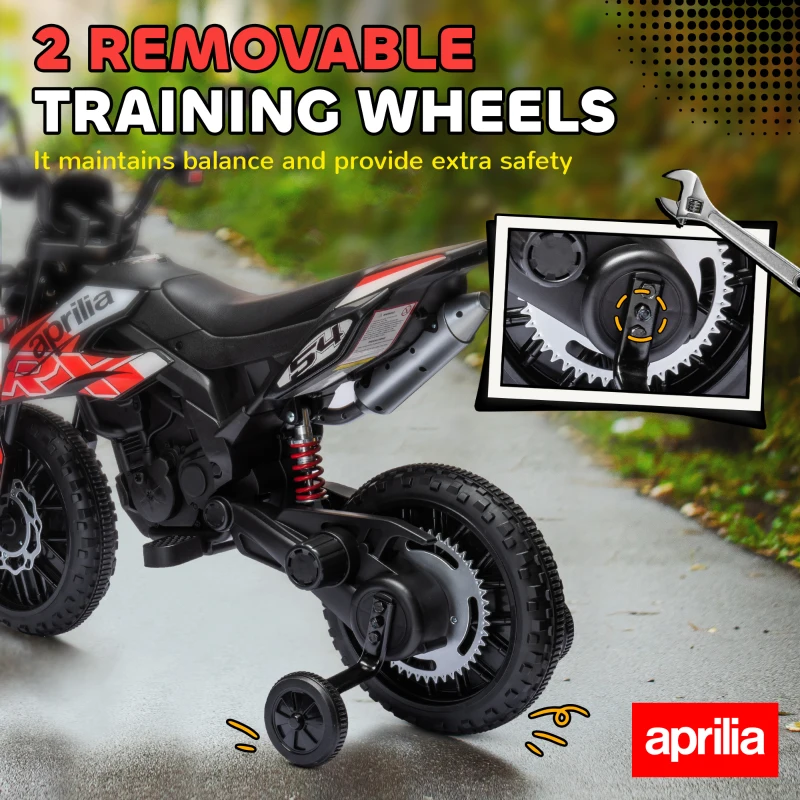 Qaba 12V Aprilia Licenced Kids Electric Motorcycle, Battery-Powered Dirt Bike with Training Wheels for Aged 3-8, Red