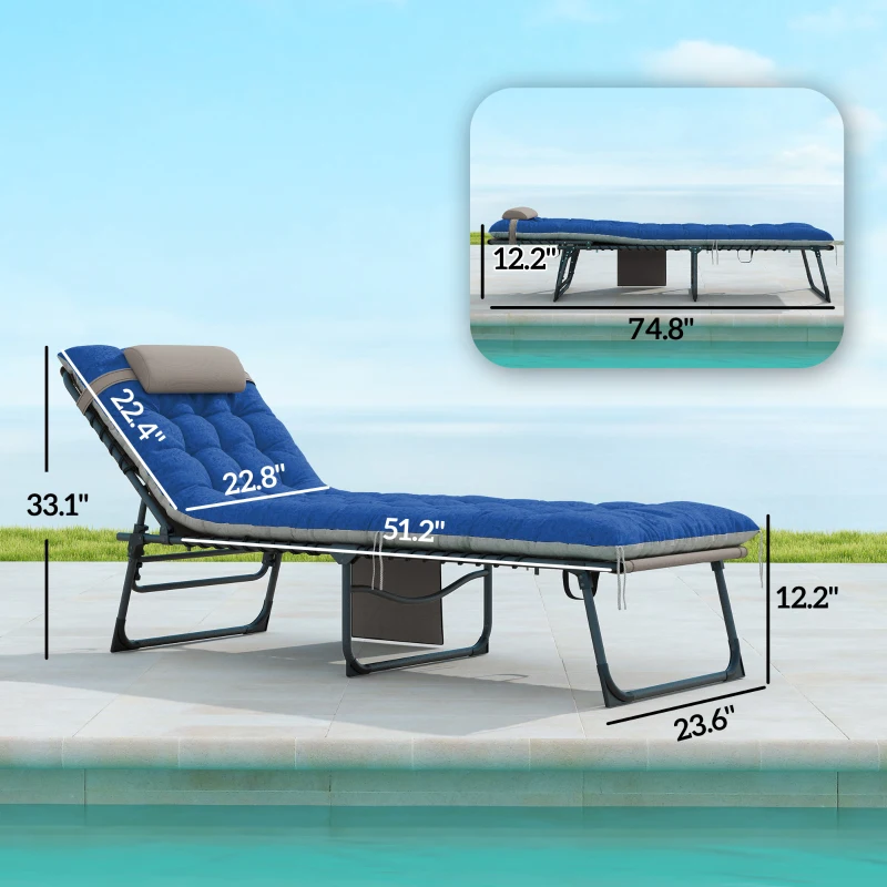 Outsunny Outdoor Chaise Lounge Chair Set of 2, 5-Level Adjustable Folding Pool Lounge Chairs with Cushions, Brown/Blue