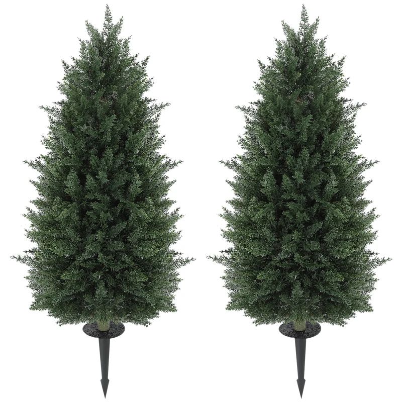 HOMCOM 43.3 Inch Set of 2 Artificial Cypress Topiary Tree, Indoor Outdoor UV Resistant Faux Plants with Ground Stake for Garden